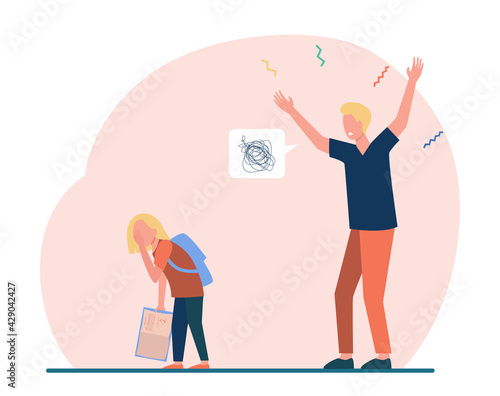 Father scolding child for poor school performance. Flat vector illustration. Angry dad, crying child with failing grade in copybook. School, education, family concept for banner design or landing page