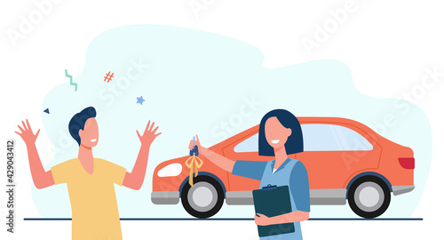 Cartoon woman giving new car keys to happy young man. Flat vector illustration. Car dealer and customer with colorful graphic car in background. Auto, sale, purchase, transport, lottery, prize concept