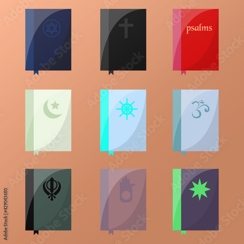 Holy Books Vector Set, Judaism, Christian, Catholic, Psalms, Holy Quran, Tripitaka, Buddha, Hinduism, wedha, jainism, baha'i, sikhism collection design