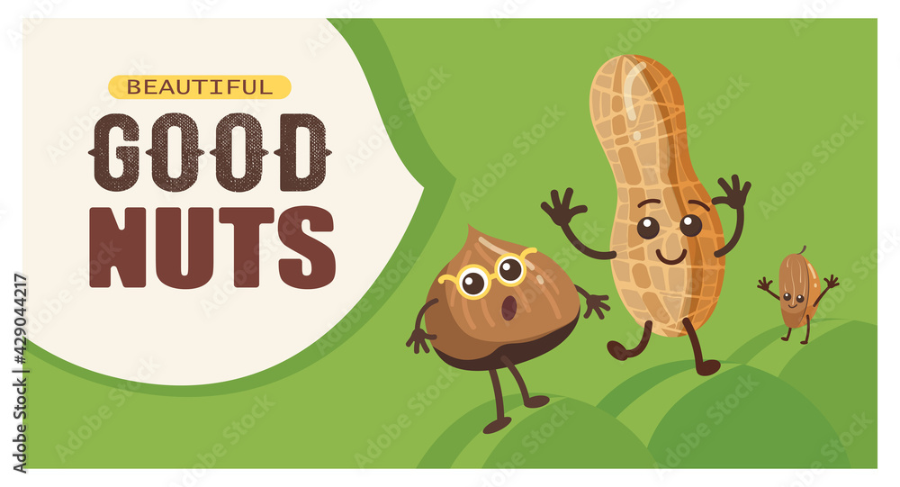 Funny nuts characters poster template. Cartoon vector illustration
