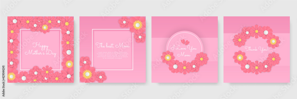 Set of Mother's Day pink yellow white blue green greeting cards with paper cut flowers and typography. Suit for social media post and stories. Can be used for creative universal template