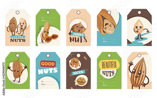 Jokey nuts tags set. Cartoon vector illustration. Tags with cute comic pistachio, cashew, walnut in colorful background. Health, diet, fantasy, gift concept for banner design, landing page
