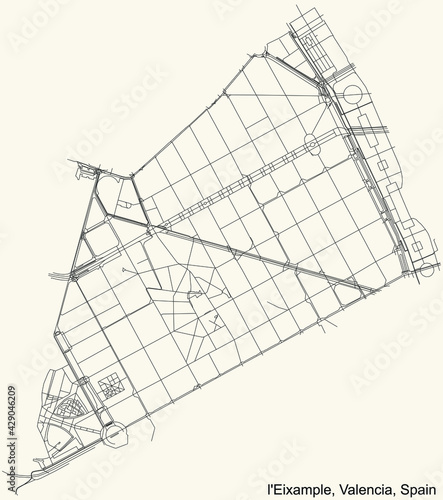 Black simple detailed street roads map on vintage beige background of the quarter Eixample district of Valencia, Spain