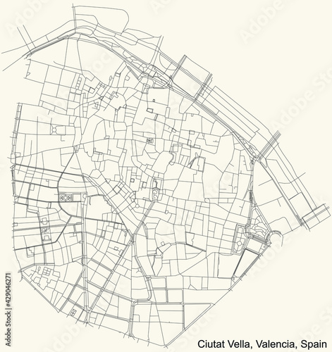 Black simple detailed street roads map on vintage beige background of the quarter Ciutat Vella district of Valencia, Spain photo