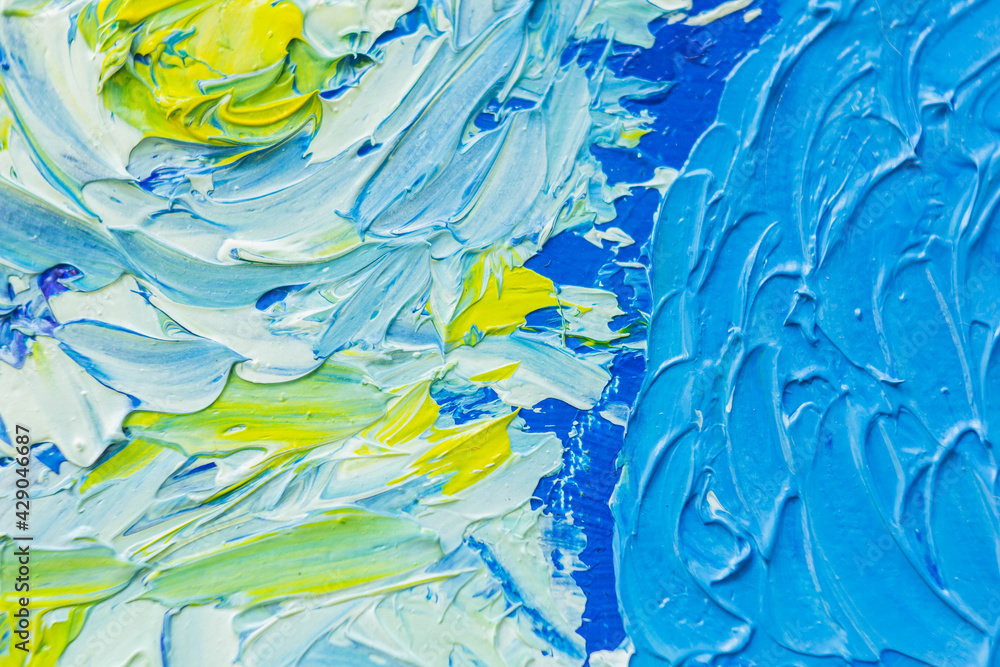 picture painted with multi-colored oil paints on canvas close-up. Details of the drawing picture painted with multi-colored oil paints on canvas close-up. Details of the drawing