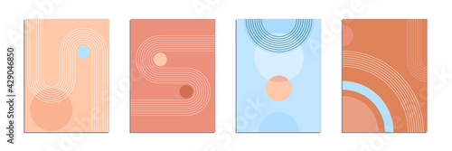 Abstract contemporary aesthetic poster design set with geometric shapes and lines like sun and rainbow. Mid-century modern wall decor. Trendy minimalist print. Vector illustration. 