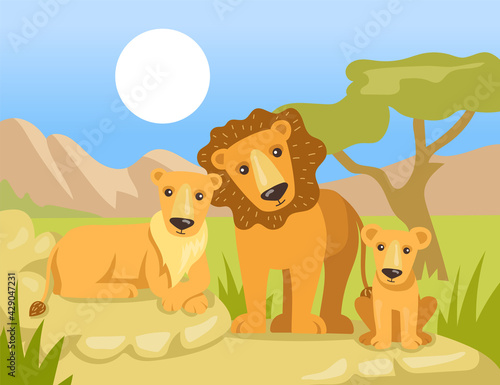 Cartoon lion family under African sun flat vector illustration. Colorful mother lioness, father lion and their kid sitting in savanna. Lion pride, family, wild animal, nature, Africa, safari concept
