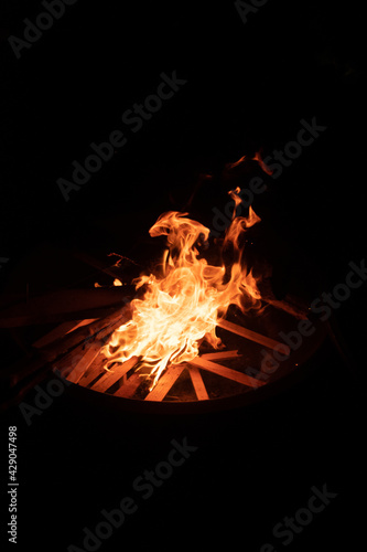 Wood fire in the outdoor fire pit