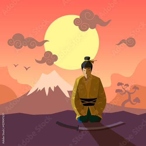 Cartoon samurai in traditional kimono flat vector illustration. Cartoon male character sitting on his knees in front of sword and volcano in background. Asia, samurai, culture, hara kiri concept