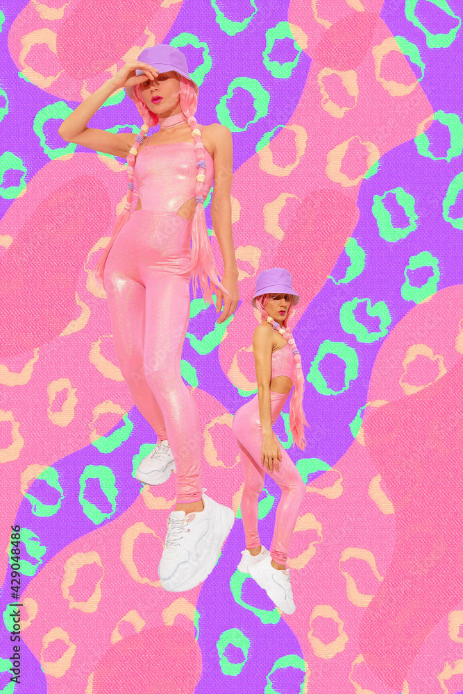 Contemporary collage art. Fashion summer digital girls 90s party style on design geometry pattern background. Cosplay gamer girl Contemporary collage art. Fashion summer digital girls 90s party style on design geometry pattern background. Cosplay gamer girl