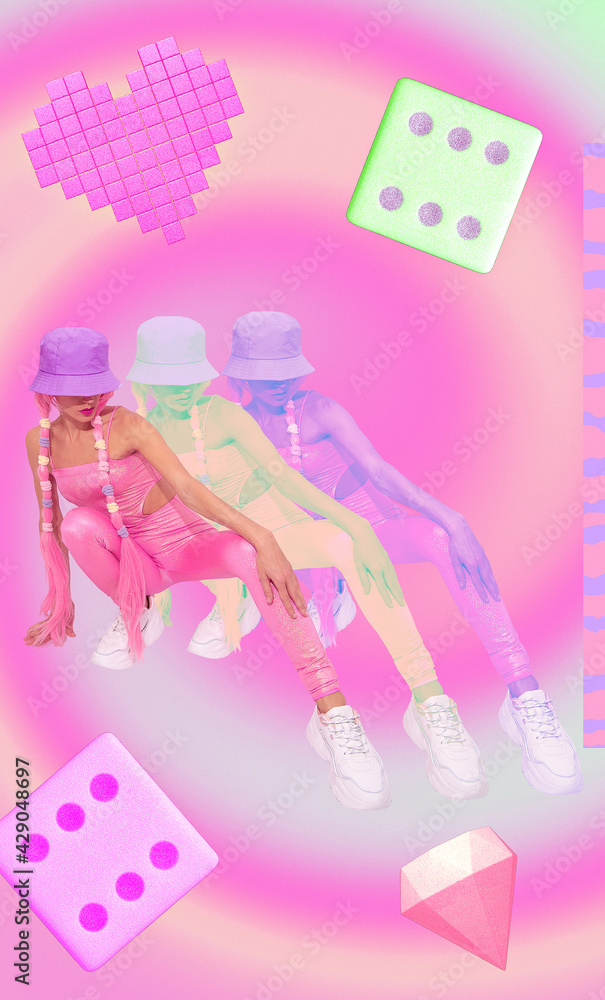 Contemporary digital collage art. Summer girl 90s pop culture.  Unicorn Lady life, hip-hop, street style fashion