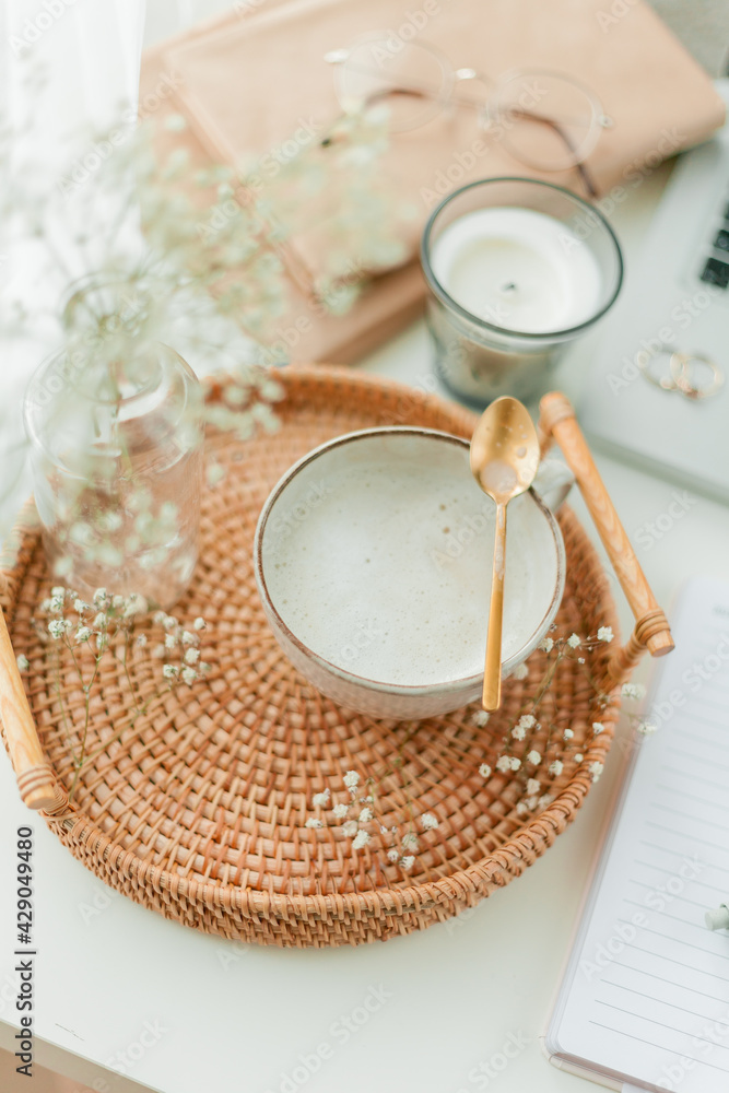 Breakfast in bed, cappuccino, wicker tray, spring, home decor. Cozy. Breakfast in bed, cappuccino, wicker tray, spring, home decor. Cozy.