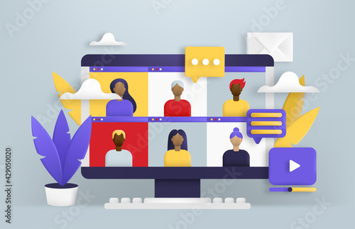 Work or learning from home 3D vector trendy illustration. Video conference on the computer. 