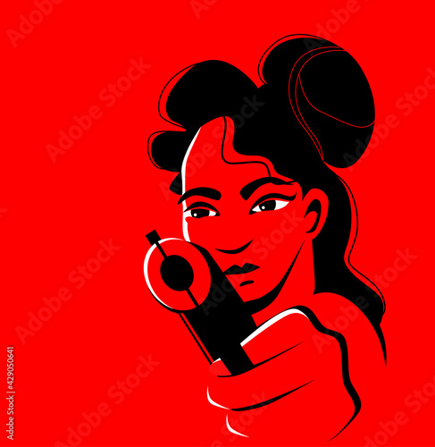 Young beautiful asian woman with curly hair and big eyes is aiming from a weapon. Dangerous and confident. Vector illustration in red and black colors. Trigger finger