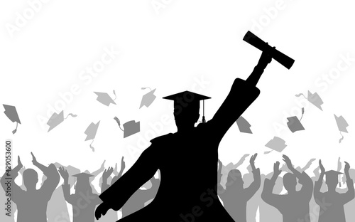 Cheerful boy graduates with diploma on background of joyful crowd of people throwing mortarboards or academic caps, silhouette. Vector illustration