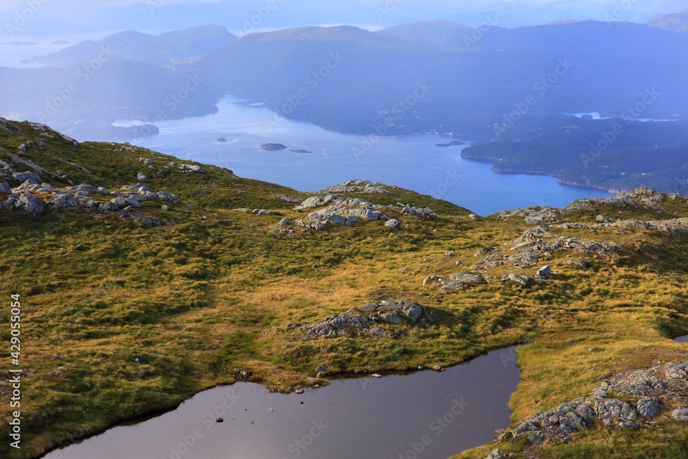 Stord island landscape in Norway. Mountain view of Kattnakken. Tysnesoy island in background.