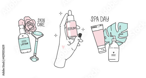 Hand holds cosmetic bottle. Glass packaging with a pipette, lettering serum. Cosmetics on the background of tropical leaves. Set of vector illustrations in a minimalist modern style. Outline drawing.