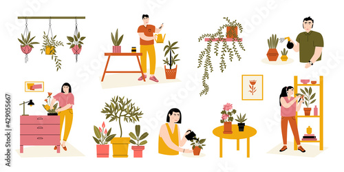 Scenes with people and their indoor plants. Caring for houseplants: watering, wiping, spraying, fertilizing, pruning. Characters enjoying their hobby at home. Home gardening. Vector flat illustration