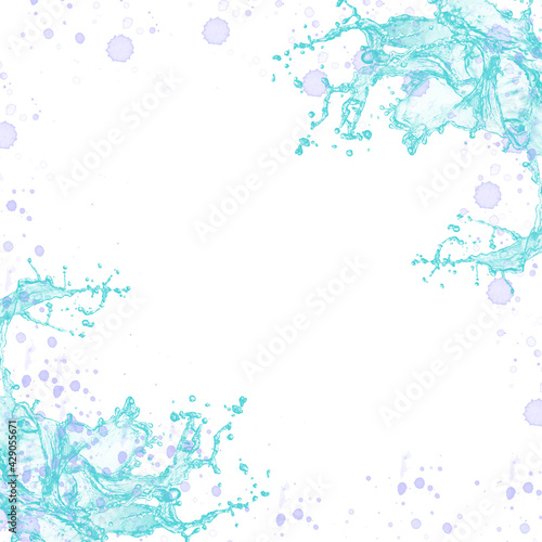 Fondo blanco con salpicaduras de agua celeste y gotas de pintura violeta.