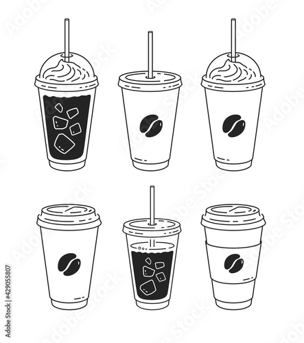 Line art set of disposable coffee cups