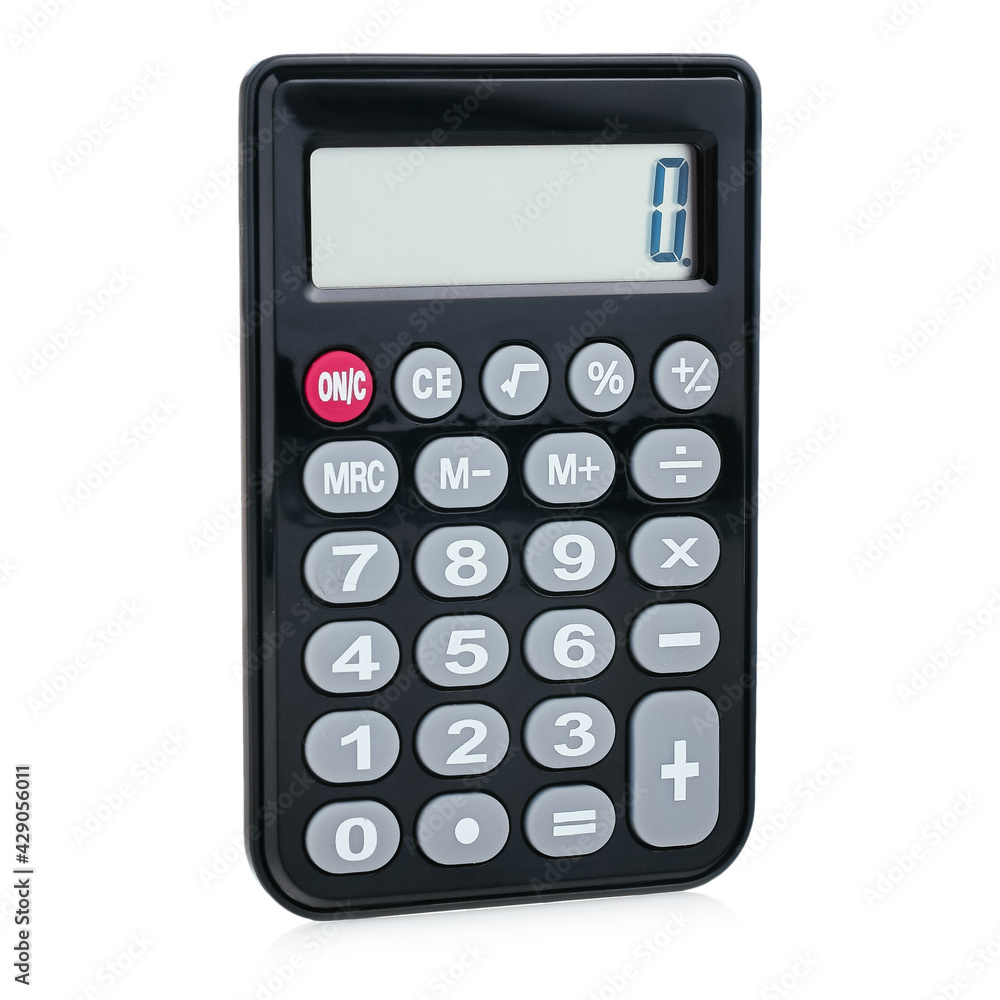 Black plastic digital calculator, isolated on a white background, close-up. Symbol economics, mathematics, accounting, finance concept. The day of knowledge, to calculate, to count money Black plastic digital calculator, isolated on a white background, close-up. Symbol economics, mathematics, accounting, finance concept. The day of knowledge, to calculate, to count money
