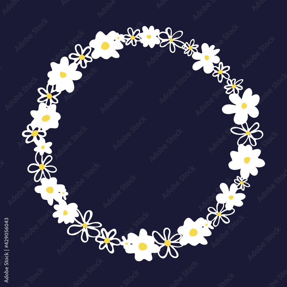 Fototapeta premium Cute doodled daisies vector tendril circle. Floral wreath design element.