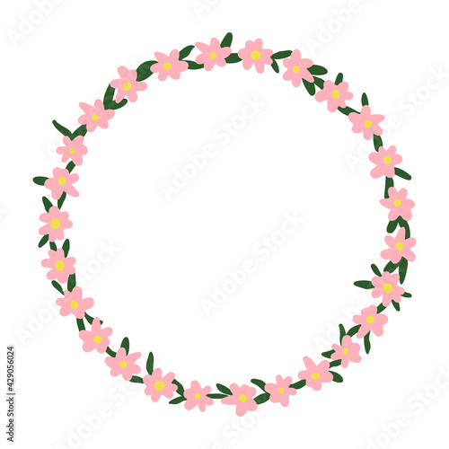 Cute flowers and leaves vector tendril circle. Floral wreath design element.