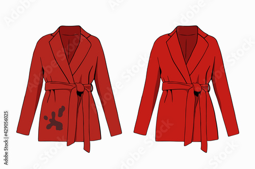 Dirty untidy casual coat with spots and neat clean clothes. Clean, fresh laundry with removed dirt and stains. Dirty and washed laundry. Colored flat vector illustration isolated on white background