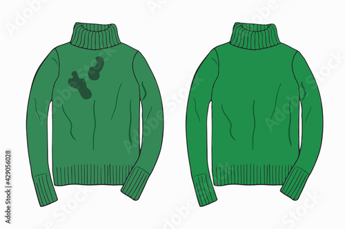 Dirty untidy casual sweater with spots and neat clean clothes. Clean, fresh laundry with removed dirt and stains. Dirty and washed laundry. Colored flat vector illustration
