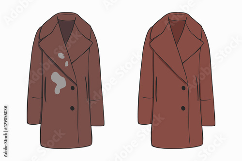 Dirty untidy casual coat with spots and neat clean clothes. Clean, fresh laundry with removed dirt and stains. Dirty and washed laundry. Colored flat vector illustration isolated on white background