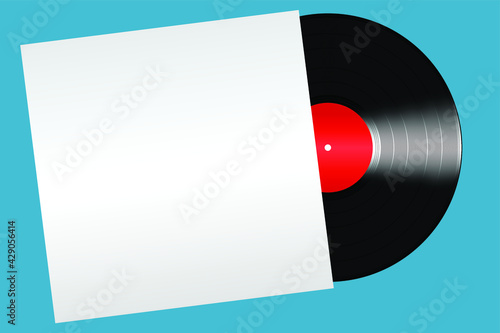 Black vinyl record with red label in a white envelope isolated on blue background.