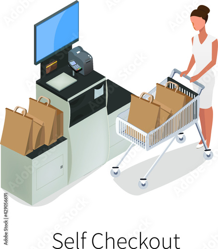 Isometric model of Self Checkout Shop Cashier. Self service cash device in flat design with cash machine, monitor, scanner and money bill. -stock vector