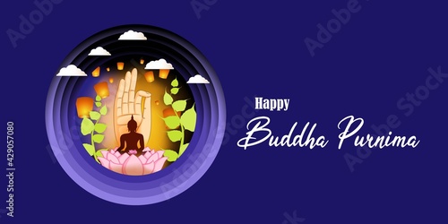 Indian Buddha Purnima festival with text, illustration is showing Buddha seating and absorbed in meditation