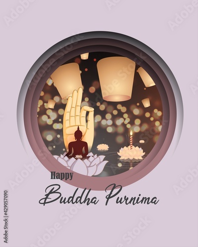 Indian Buddha Purnima festival with text, illustration is showing Buddha seating and absorbed in meditation