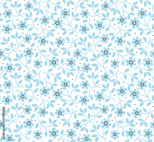 Cute floral pattern. Seamless vector pattern. Elegant template for fashion prints. Small light blue flowers for print. White background. Stock vector.
