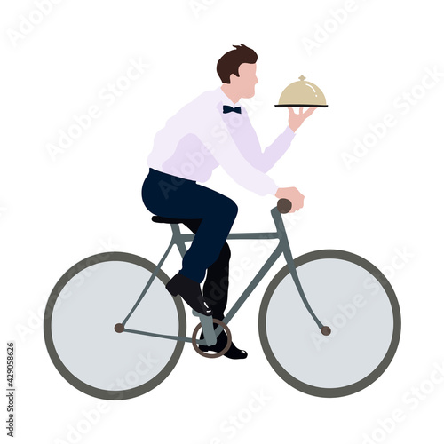 Waiter on bicycle delivers food from restaurant. Flat character isolated on white background.