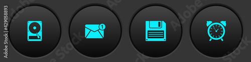 Set Hard disk drive HDD, New, email incoming message, Floppy and Alarm clock icon. Vector