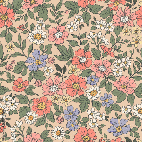 Vintage seamless floral pattern. Liberty style background of small coral pink flowers. Small flowers scattered over a beige background. Stock vector for printing on surfaces. Realistic flowers.