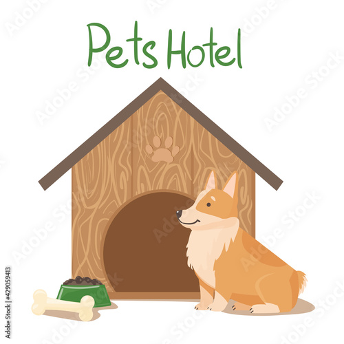 Pet hotel concept. Cute corgi next to the house. Food, entertainment for the living on your vacation. vector illustration on white background