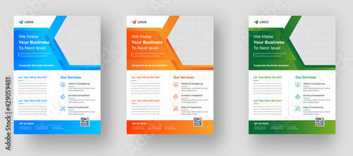 Corporate business flyer template design set with orange, blue, and green color. marketing, business proposal, promotion, advertise, publication, cover page. business marketing new flyer design photo