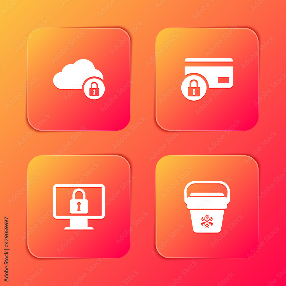 Set Cloud computing lock, Credit card with, Lock on monitor and Cooler bag icon. Vector Set Cloud computing lock, Credit card with, Lock on monitor and Cooler bag icon. Vector
