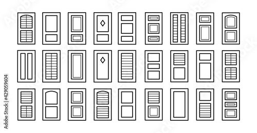 Outdoor window wooden shutters. Line icon set. Old french window blinds for house and cottage. Exterior decorative elements. Isolated objects