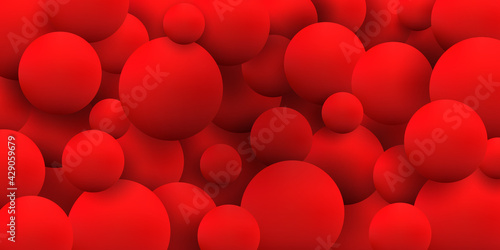 Red balls background. Abstract backdrop with 3D spheres. Festive banner with bubbles. Vector illustration in realistic style. Modern design poster, flyer, wallpaper. Stock.