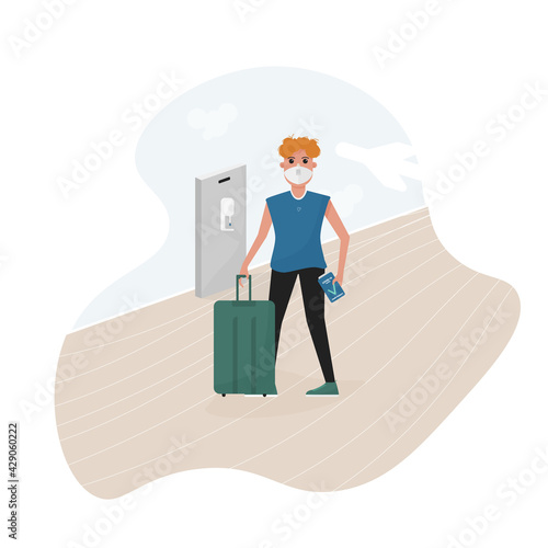 Man with ffp2 mask and health immune passport after covid-19 vaccine in the airport. Post pandemic travel. Flat cartoon style vector. 