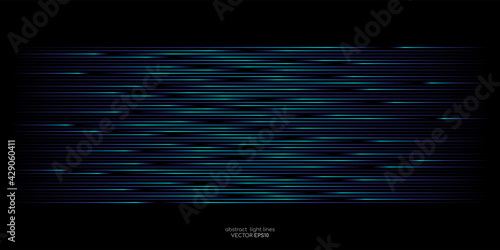 Abstract speed light lines movement dynamic pattern in blue green colors isolated on black background in concept of AI technology, 5G, digital, communication.