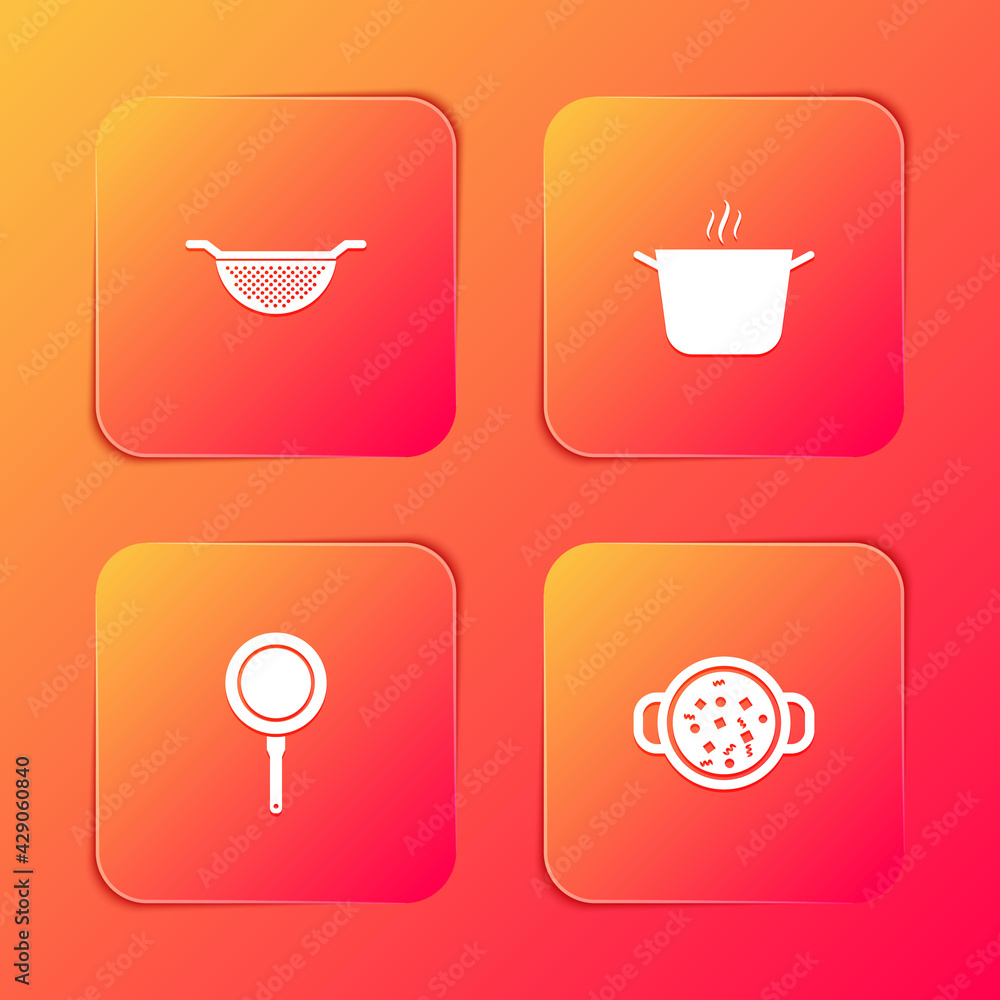 Set Kitchen colander, Cooking pot, Frying pan and soup icon. Vector Set Kitchen colander, Cooking pot, Frying pan and soup icon. Vector