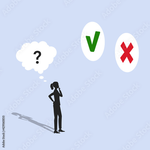Businesswoman decides to agree or not with something. Thoughtful woman tries to choose between two options. Conceptual business illustration.