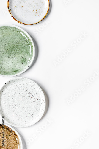 ceramic tableware top view on white background mock up