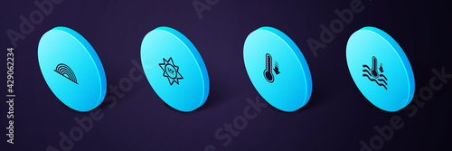 Set Isometric Water thermometer, Meteorology, UV protection and Rainbow icon. Vector
