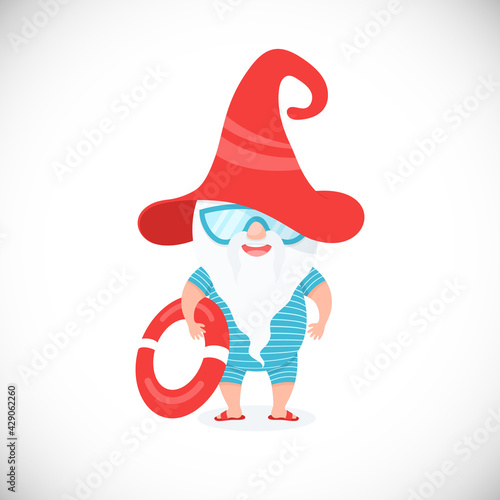 Cool summer gnome with swimming ring
